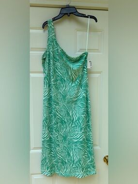 Nine West One Shoulder Stretchy Bodycon Dress Green Zebra Print Sz XXL New Chic